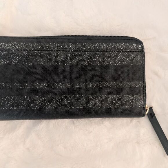 Kate Spade Large Leather Zippy Wallet Black w/Silver Glitter Stripes - Picture 3 of 7